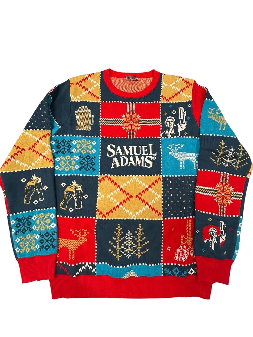 Samuel Adams Beer Men's Patchwork Holiday Christmas Sweater XL Party‎ Colorful